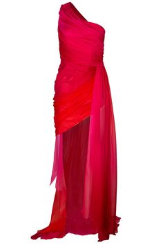 PAMELLA ROLAND-One Shoulder Ombre Pleated Dress- Red Fancy Dress, Ombre Dress, Clothing Size Chart, Orange Dress, Costume Dress, Dress First, Pleated Dress, Elegant Fashion, Red Formal Dress