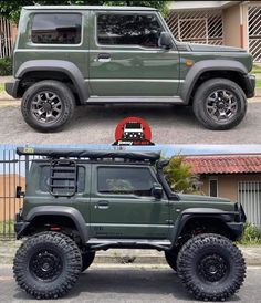 two pictures of a green jeep with black tires and the same one is showing off