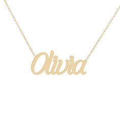 Olivia - Gold Name Necklace Solid 14K gold necklace with a 16 inch 14K gold chain. * 8mm/ 0.31inch height for the capital letter, 5mm/0.19685 inch for the lower case. Olivia Gold, Flower Engagement Ring, Gold Name Necklace, Nameplate Necklace, White Diamond Ring, Engagement Ring White Gold, Lower Case, 14k Gold Necklace, Rose Engagement Ring