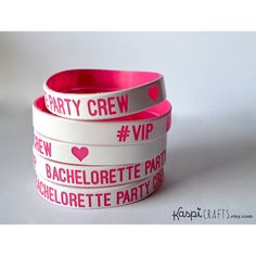 three wristbands that say bachelor party crew and bachelorette party girl on them