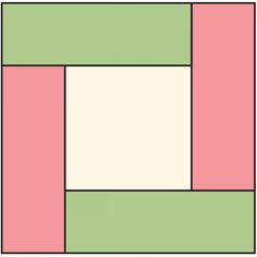 a pink and green patchwork quilt with white squares on the bottom, one square in the middle