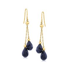 Ross-Simons - 15.00 ct. t. w. Sapphire Double-Drop Earrings in 14kt Yellow Gold. We love a simple design that still makes a statement! Our double-drop earrings feature 15.00 ct. t. w. teardrop sapphire briolette gems that suspend from classic 14kt yellow gold rope chains. Hanging length is 2". Earwire, sapphire double-drop earrings. Sapphire birthstones are the perfect gift for September birthdays. Sapphire Earrings Drop, Jewelry Presentation, Earrings Sapphire, Sapphire Birthstone, Earring Dangle, Earrings Stone, Gold Rope Chains, Sapphire Color, Natural Gold