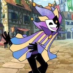 the animated character is dressed in purple and black, while standing on a cobblestone street