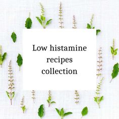 the words low histamine recipes collection are surrounded by green leaves and tiny flowers