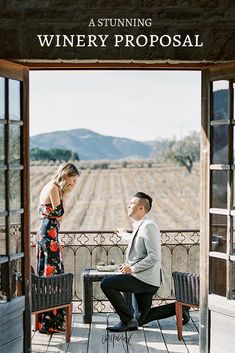 a man and woman sitting at a table in front of an open door with the words winery proposal on it