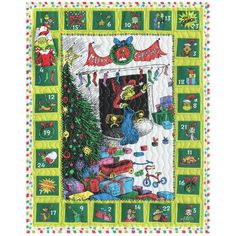 a quilted christmas scene with presents and trees