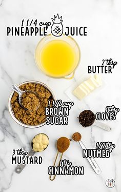 ingredients to make pineapple juice on a white marble counter top with text overlay