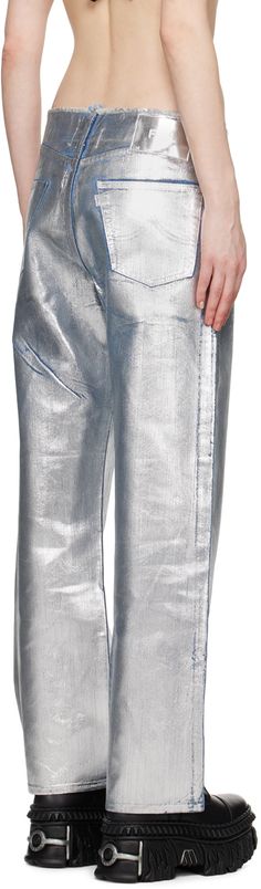 Indigo-dyed metallic foil-coated stretch denim jeans. Metallic thread detailing throughout. · Belt loops · Frayed edge at waistband · Five-pocket styling · Button-fly · Leather logo patch at back waistband · Logo flag at back · Logo-engraved antiqued silver-tone hardware Supplier color: Silver Metallic Straight Leg Jeans With Five Pockets, Metallic Straight Leg Denim Jeans, Coated Jeans, Indigo Dye, Metallic Foil, Leather Logo, Silver Foil, Metallic Thread, Jean Coat