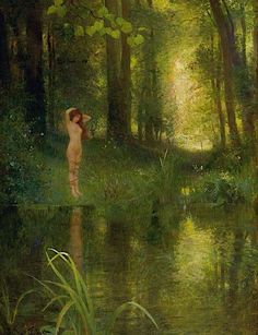 a painting of a naked woman standing in the woods next to a river and trees