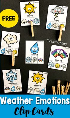 weather emotions clip cards for kids to use with their writing and drawing skills on the blackboard