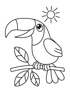 a toucan bird sitting on a branch with the sun in the sky behind it