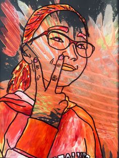 a painting of a woman with glasses making the middle finger sign while wearing an orange shirt