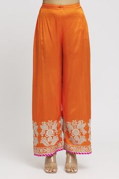 Orange straight kurta with contrast floral, leaves, thread embroidery. Comes with coordinating palazzo and dupatta. - Aza Fashions Aza Fashion, Orange, Embroidery, Floral