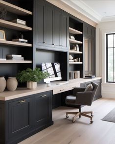 Office Wall Unit Ideas, Office Cabinets Ideas, Study Built Ins, Built In Office Desk, Built In Office, Built In Desk And Shelves, Built In Bookcases