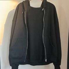 Shein Zip Up Solid Black Jacket Size Large Nwot Black Zip Up Hoodie Aesthetic, Black Zip Up, Thrift Basics, Mk Cosplay, Baggy Zip Up Hoodie, Baggy Clothes Aesthetic, Black Zip Up Sweater, Wishlist Clothes, Brown Sweaters