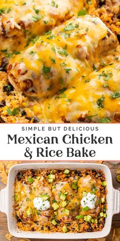 mexican chicken and rice bake in a casserole dish with text overlay