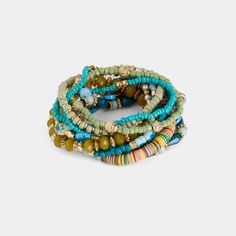 Cassia Stretch Bracelet Stack - Olive/Turquoise Hand-strung Multicolor Stretch Bracelet For Summer, Bohemian Multi-strand Stackable Bracelets, Bohemian Style Multicolor Hand-strung Stretch Bracelet, Southwestern Hand-strung Multicolor Beads, Southwestern Multicolor Hand-strung Beads, Multi Strand Bracelet, Strand Bracelet, Multi Strand, Bracelet Stack