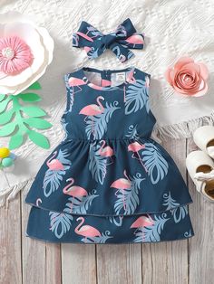 Baby Girl Flamingo Print Layered Hem A Line Dress With Headband Dusty Blue   Sleeveless Fabric Tropical,Flamingo A Line Non-Stretch  Baby Girls Clothing, size features are:Bust: ,Length: ,Sleeve Length: Baby Flamingo, Baby Girls Dresses, Heart Print Dress, Girls Clothing Online, Tropical Flamingo, Boys And Girls Clothes, Flamingo Print, Line Dress