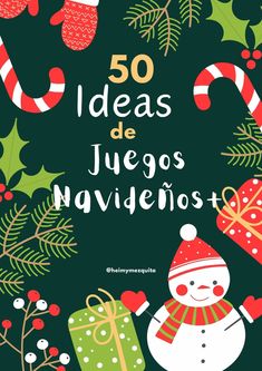 the cover of 50 ideas de jegos naviddelios, with an image of a snowman surrounded by christmas decorations