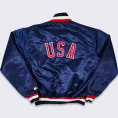 USA Vintage 80s Starter Satin Bomber Jacket   Navy Blue Color Athletic Coat Stitched on Logo & Letters Made in USA In Excellent Vintage Condition No Holes or Stains Size Men's L Please Check Your Measurements Measurements: Length: 26 in Pit to pit: 26 in FREE AND FAST SHIPPING IN THE USA Navy Vintage Windbreaker For Streetwear, Navy Retro Varsity Jacket With Long Sleeves, Retro Blue Outerwear With Baseball Collar, Retro Blue Windbreaker For College, Retro Navy Outerwear With Long Sleeves, Retro Navy Long Sleeve Outerwear, Navy Fitted Retro Outerwear, Fitted Navy Retro Outerwear, Navy Retro Long Sleeve Outerwear