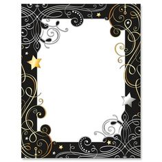 a black and gold photo frame with stars on the edges, surrounded by swirling swirls