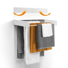 a towel rack with two towels hanging from it's sides and an orange arrow pointing to the left