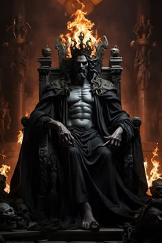 a man sitting on top of a throne in front of a bunch of fire and skulls