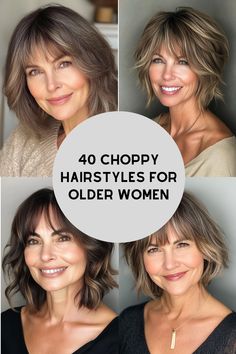 Choppy Hairstyles for Older Women >>> The choppy bob with curtain bangs is a trendy and flattering hairstyle for older women. This cut features a chin-length bob with choppy layers and curtain bangs that frame the face. Click here to check out more reasons why choppy hairstyles are the perfect choice for older women. Bob With Choppy Bangs, Choppy Bob Hairstyles Chin Length, Short Bobs For Older Women, Chin Shaggy Bob, Choppy Bob With Bangs Over 40, Shaggy Short Bob With Bangs, Meg Ryan Haircuts Choppy Bobs, Shaggy Bob Hairstyles With Bangs, Choppy Shag Haircut