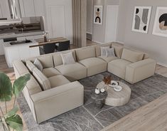 a large sectional couch in the middle of a living room