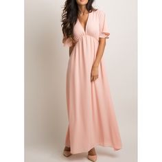 A Solid Hued, Chiffon Maxi Dress Featuring Cinching Under The Bust, Short Bell Sleeves, A V-Neckline, And Double Lining To Prevent Sheerness. New Without Tags. Pinkblush Tag Cut Out To Prevent Returns To The Company. Short Bell Sleeves, Chiffon Maxi, Chiffon Maxi Dress, Bell Sleeve, Something New, Blush Pink, Bell Sleeves, Cut Out, Chiffon