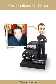 a personalized gift idea with a car figurine next to it and an image of a man in a suit