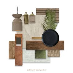 a collage of various items including a plant and vase