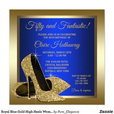 a blue and gold 50th birthday party with high heel shoes on the bottom, in front of a dark blue background