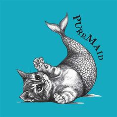 a cat laying on top of a fish with the words purimad above it