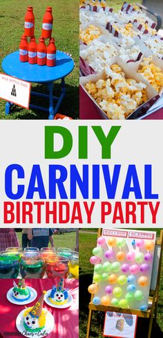 this is a collage of carnival birthday party food and desserts with the words diy carnival birthday party on it