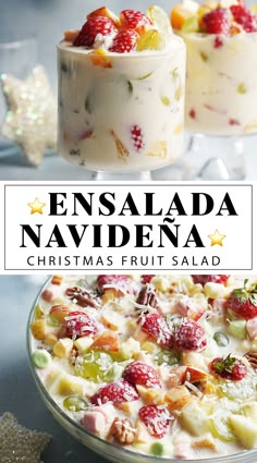 two desserts with fruit on top and the title reads ensalada naviddena christmas fruit salad