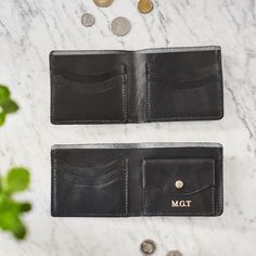 "This leather wallet combines beautiful leather and a functional design - the perfect personalized present for any special man! YOU CAN CHOOSE TO HAVE A COIN POCKET OR MORE CARD SPACE INSIDE TO CUSTOMISE IT TO YOUR NEEDS. (see drop down options section) Each wallet is handmade using our finest leather that has taken us over 2 years to perfect. It's soft and characterful with a beautiful natural grain - it's a joy to use and it will develop a beautiful patina with use. Each leather wallet is care Black Leather Wallet As Gift, Personalized Leather Trifold Wallet Gift, Personalized Classic Leather Wallets, Personalized Leather Trifold Wallet For Everyday Use, Classic Personalized Leather Wallets, Classic Leather Trifold Wallet As Gift, Personalized Leather Wallet Rectangular, Black Bifold Wallet For Personalized Gift, Personalized Black Bifold Wallet