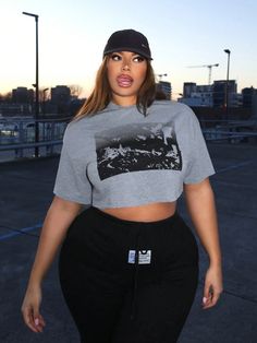 Plus Size Women's Printed Cropped T-Shirt Light Grey Casual  Short Sleeve Knitted Fabric Graphic,Letter,Slogan  Slight Stretch  Women Plus Clothing, size features are:Bust: ,Length: ,Sleeve Length: Loose Crop Top Outfits, Crop Tops Plus Size, Plus Size Crop Top Outfit, Plus Size Crop Top, Plus Size Y2k, Crop Top Outfit, Plus Size Crop Tops, Plus Size Tank Top, Top Outfit