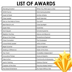 the list of awards is shown in black and white, with gold stars on it