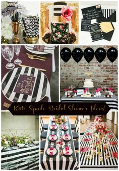 a collage of black and white striped table cloths with flowers on them, balloons, cake