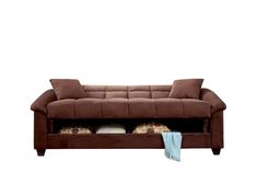 a brown couch with some bread on it's bottom shelf in front of a white background