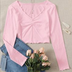 95% Cotton, 5% Elastane Never Worn Crop Long Sleeve Size Large V Neck Lettuce Trim Ruched Pullover Slim Fit Slight Stretch Casual Long Sleeve Ruched Tops, Casual Ruched V-neck Top, Casual V-neck Ruched Tops, Casual Ruched V-neck Blouse, Casual V-neck Ruched Blouse, Pink Ruched Cotton Top, Crop Long Sleeve, Shein Tops, Long Sleeve Crop