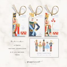 three tags with nutcrackers and princesses on them