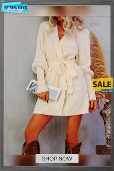 Lantern Sweater Mini Dress Chic Cream Long Sleeve Sweater Dress, Winter White Dresses For Fall, Beige Winter Mini Dress For Work, Chic Cream Mini Dress For Winter, Cream Dresses For Fall Day Out, Beige Mini Dress For Winter Workwear, Cream Dress For Day Out In Fall, Cream Dresses For Day Out In Fall, Cream Sweater Dress For Spring Workwear