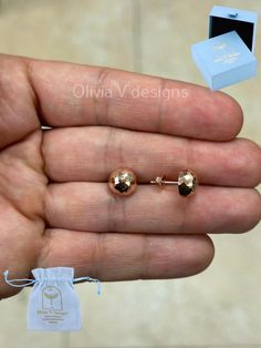 14K Rose Gold 9mm Half Ball Faceted Earrings Guaranteed Authentic 14k Gold, Not Plated Or Filled Prices Are In Pair Ball size 9mm Estimated Weight: 1.4 Grams This beautiful high polish ball earrings will shine at any occasion!  Pushbacks: Genuine 14k Backs Free Gift Pouch About OliviaVDesigns: Thanks for taking a look at Olivia V. Designs  Been doing jewelry all my life. This is my specialty :) I'm a jewelry designer working in my hometown Brooklyn,  where I was born and raised. I have a cute workshop in my house where I create all my jewelry and designs. Always trying to create new ideas, infused with classic collection styles Please feel free to ask me any questions - Always happy to help Rose Gold Fine Jewelry Earrings Stamped 14k, Rose Gold Round Pierced Earrings, 14k Rose Gold Earrings As Gift, 14k Rose Gold Round Earrings As Gift, 14k Rose Gold Jewelry With Matching Earrings, Hypoallergenic Rose Gold Round Earrings, 14k Rose Gold Earrings For Anniversary, Rose Gold Tarnish Resistant Round Earrings, Hypoallergenic Rose Gold 14k Earrings