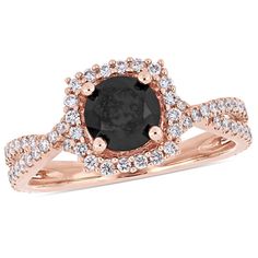 This halo infinity engagement ring is crafted in 14-karat rose gold and features a round-cut, prong-set solitaire black diamond at its center in a halo of 20 round-cut, prong-set diamonds with 68 additional micro-set diamonds adding shimmer along its unique crossover band. 1 1/2 Carat TW Diamond Ring Diamond Color Rating Code: Black & G-H Diamond Clarity Rating Code: I2 Diamond Shape: Round Available in 14K Rose Gold Photo may have been enlarged or enhanced to show details. All gemstone carat weights are approximate Product Care : Simply use a tooth brush and dish soap to clean, rinsing well and letting it dry properly before use as humidity can also cause irritation. Avoid harsh chemicals or abrasives. Donâ€™t wear rings, bracelets and other jewelry while working with power tools or playi Black Diamond Halo Ring, Black White Diamond Ring, Gold Halo Engagement Ring, Rose Gold Halo Engagement Ring, Infinity Engagement Ring, White Diamond Rings Engagement, Rose Gold Halo, Simulated Diamond Rings, White Diamond Ring