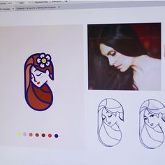 a computer screen with drawings of women and flowers on it's face, along with an image of a woman wearing a flower in her hair