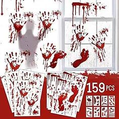 Amazon.com: 159 PCS Halloween Decorations, 8 Sheets Terror Bloody Handprint Footprint Window Stickers, 8 Sheets Tattoo Stickers, Halloween Party Indoor/Outdoor Decoration,Spooky Wall Decal and Floor Stickers : Home & Kitchen Zombie Party Decorations, Halloween Party Indoor, Halloween Window Clings, Imprimibles Halloween, Halloween Camping, Halloween Window Decorations, Stickers Halloween, Zombie Party, Halloween Window