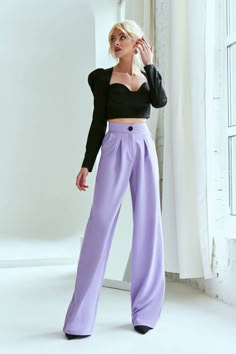 For tall ladies, inseam is 95 cm or 37,4 inches Wide leg pants with high waist underline the waist line and hide legs - perfect for women with Monica Bellucci type of figure. They fit perfectly, can be combined with crop tops, t-shirts and classic shirts. You can add a belt to finish the look. Our high waist pants can be worn on various occasions, including office work, business meetings, cocktail parties and late dinners. A worthy day-to-night pick. DETAILS - High waist pants - Wide legs - Two Lavender Wide Leg Pants Outfit, Elegant High Waist Non-stretch Pants, Elegant High-waist Non-stretch Dress Pants, High Waist Formal Office Bottoms, High Waist Office Lady Bottoms For Formal Occasions, Trendy Solid Color Dress Pants, Fitted High-waisted Pants For Office, Non-stretch Pants For Office, Lavender Pants Outfit Work