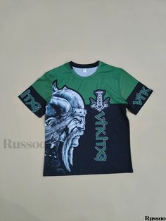 Russoo - Mens Viking Series Graphic Print Crew Neck Active T-shirt: Casual and Comfortable Tees for Summer, Ideal for Daily Gym Workouts and Running Sports Band Merch Tops With Short Sleeves, Band Merch Sports T-shirt With Crew Neck, Band Merch Crew Neck T-shirt For Sports, Green Crew Neck T-shirt Band Merch, Green Crew Neck Top For Fans, Green Band Merch Top With Sublimation Print, Green Tops With Sublimation Print For Fan Merchandise, Green Sublimation Print Tops For Fan Merchandise, Viking Series